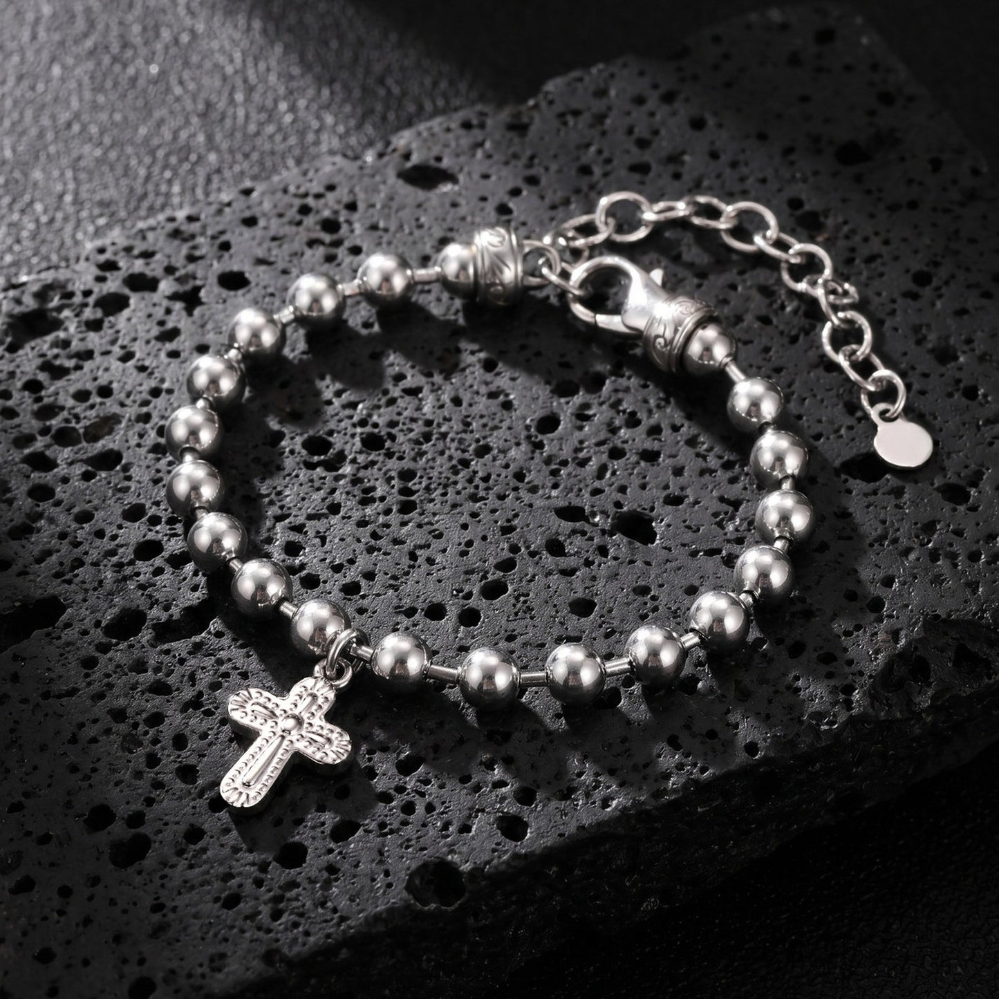 Kemstone Stainless Steel Cross Beaded Bracelet for Men Women Silver BR-2943