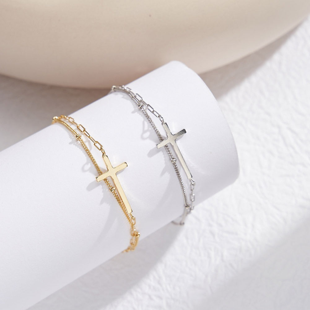 Kemstone 925 Sterling Silver Cross Bracelet for Women Layered Chain Gold Silver SB197