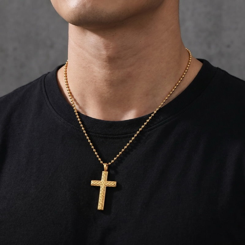 Kemstone Titanium Steel Twisted Cross Pendant Necklace for Men Vintage Rope Texture Chain KN302498-GC