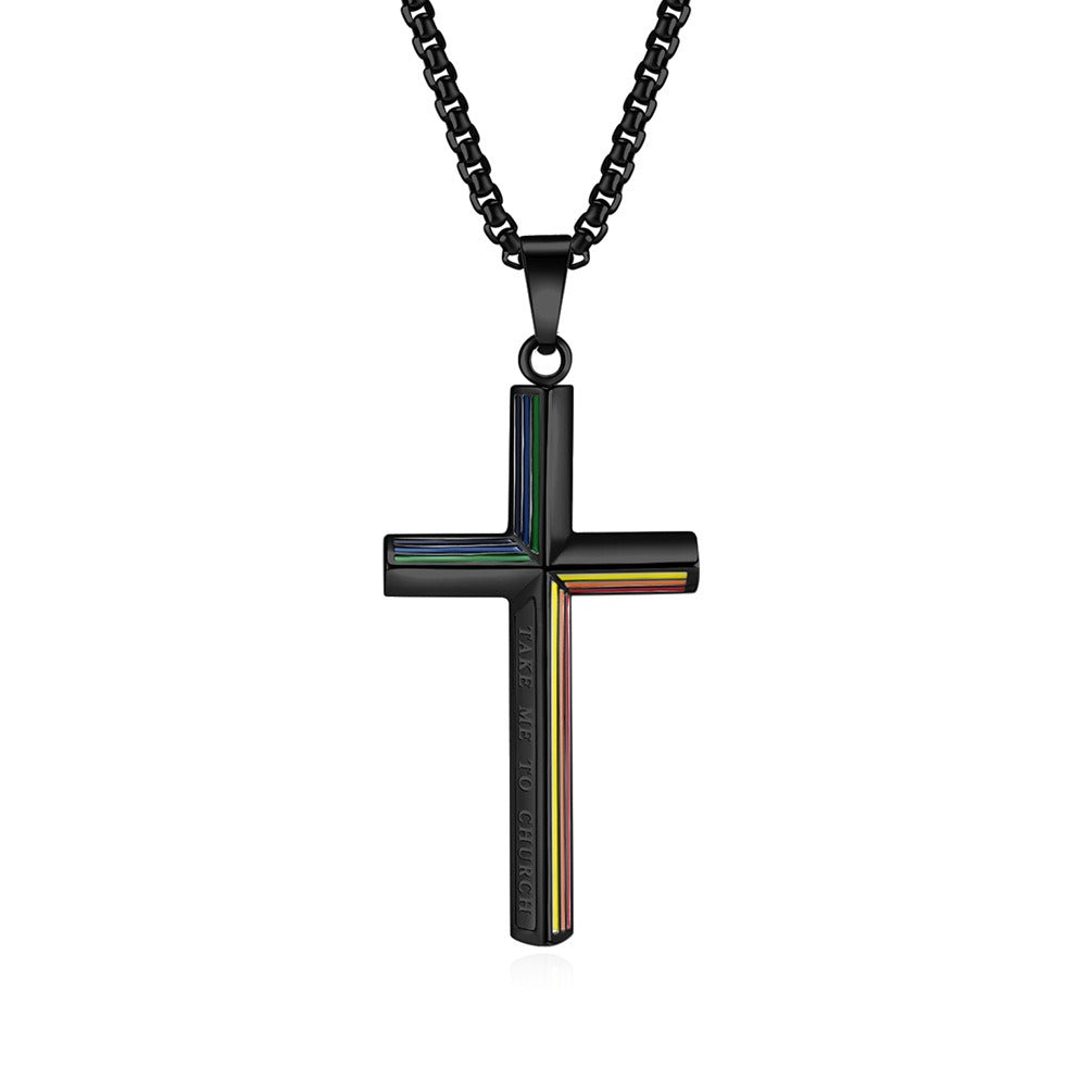 Kemstone Stainless Steel Rainbow Line Cross Pendant Necklace for Men Women K-PT524