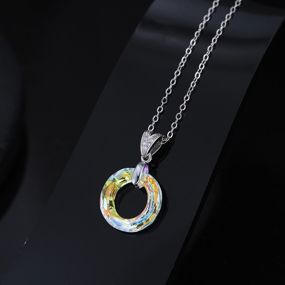 Kemstone 925 Sterling Silver Crystal Circle Pendant Necklace for Women Minimal Clavicle Chain SWN24
