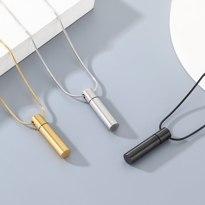 Kemstone Cylindrical Storage Necklace – Stainless Steel Screw-Cap Pendant for Men & Women KN299102-ZLA