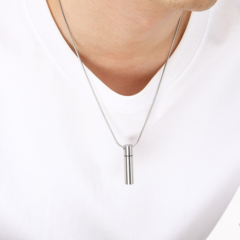 Kemstone Cylindrical Storage Necklace – Stainless Steel Screw-Cap Pendant for Men & Women KN299102-ZLA