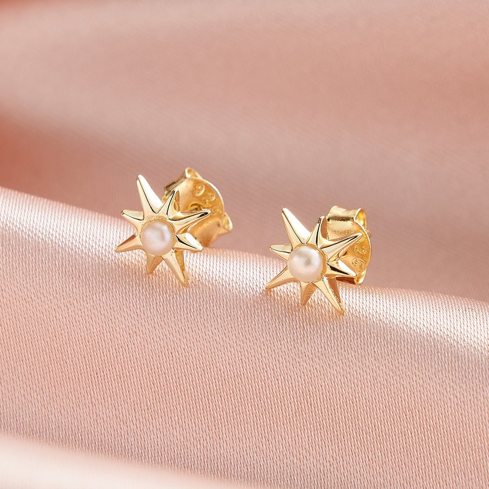 Kemstone 925 Sterling Silver Pearl Star Stud Earrings for Women Eight Point Gold GPE113