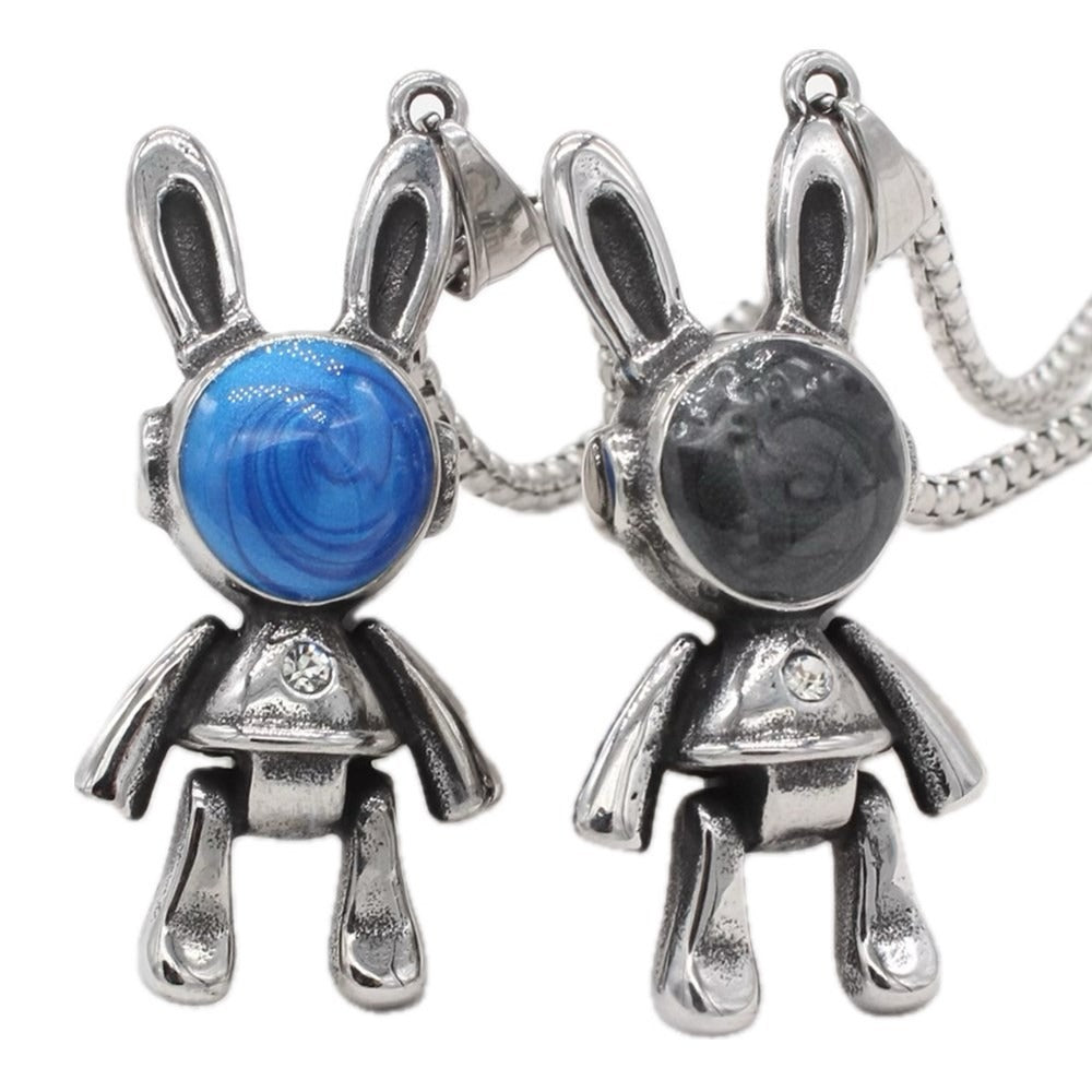Kemstone Rabbit Head Pendant Necklace Stainless Steel Blue Inlay for Men & Women P1429