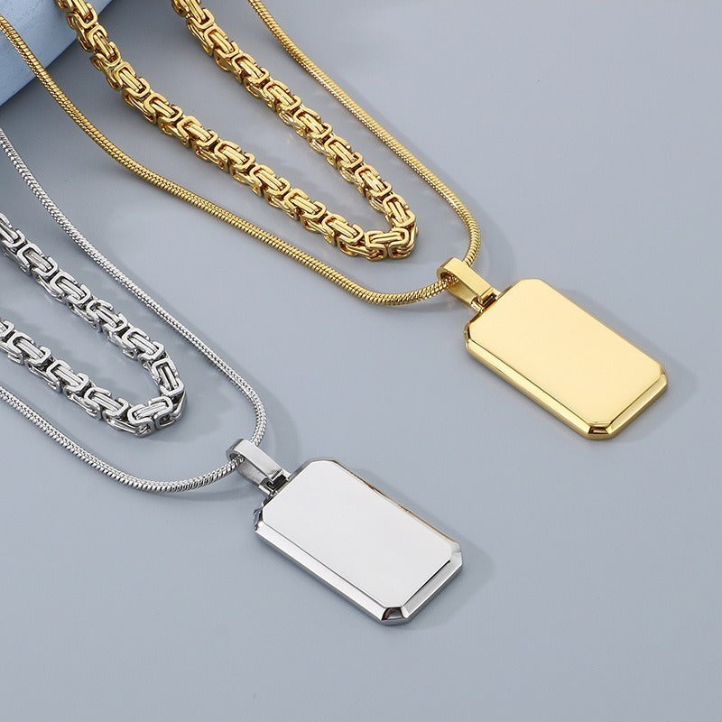 Kemstone Layered Rectangular Pendant Necklace for Men - Titanium Steel Double Chain KN283138-KFC