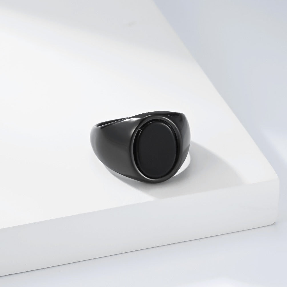 Kemstone Signet Ring for Men Stainless Steel Oval Black Stone Inlay Geometric Style KR1134