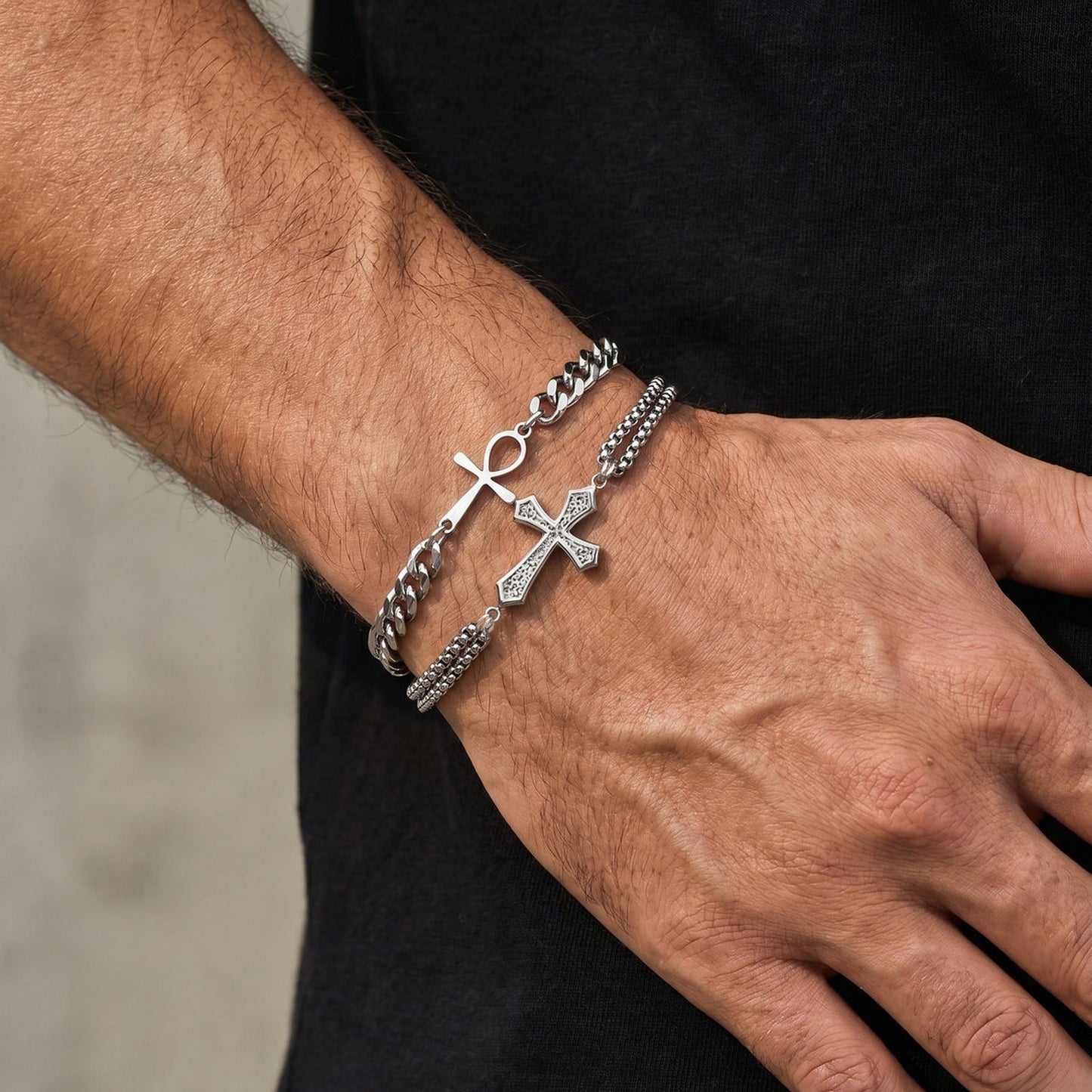 Kemstone Dual Chain Cross Bracelet for Men Stainless Steel Minimal Hip Hop Layered Wristwear BR3122