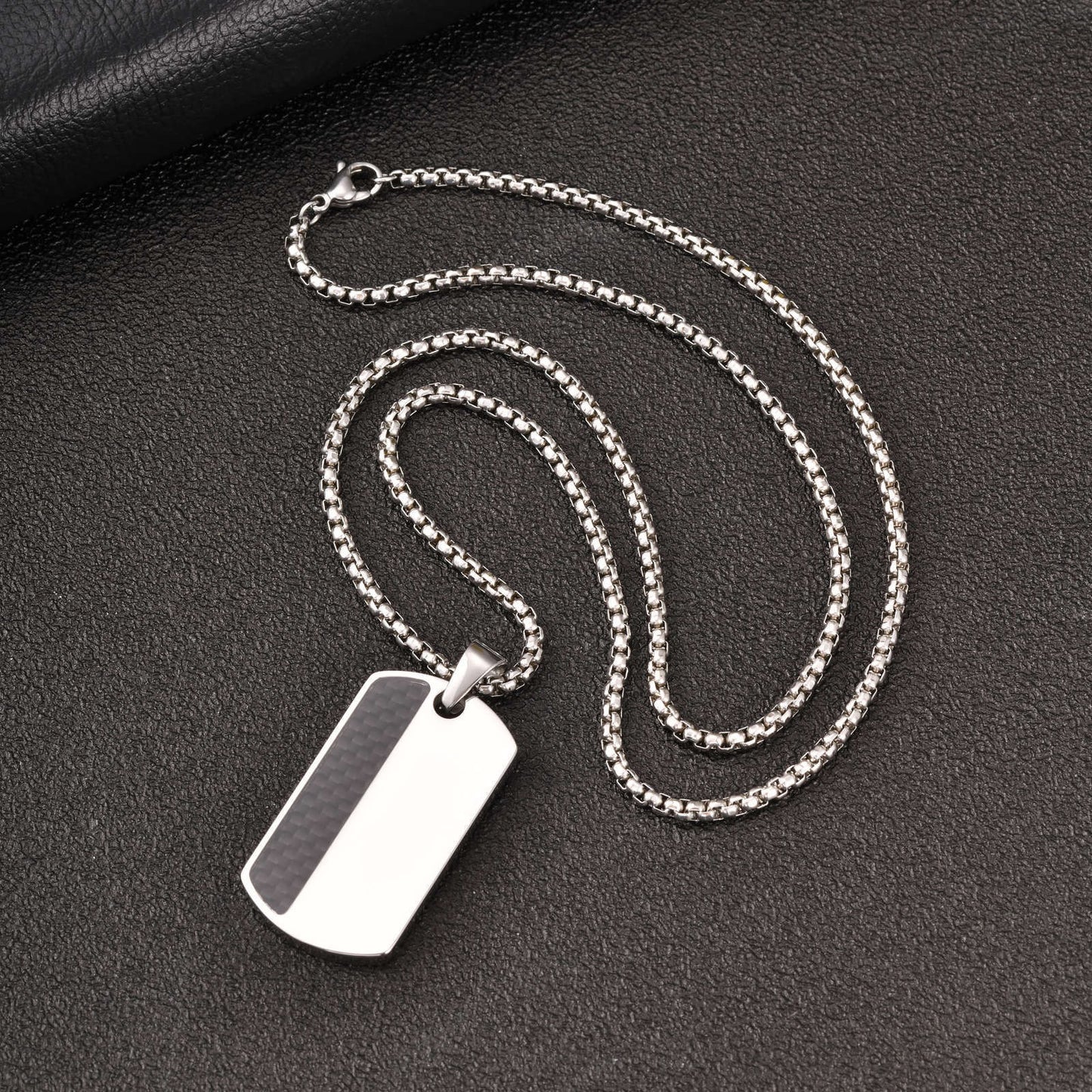 Kemstone Stainless Steel Carbon Fiber Tag Pendant Necklace for Men Silver PN-2160