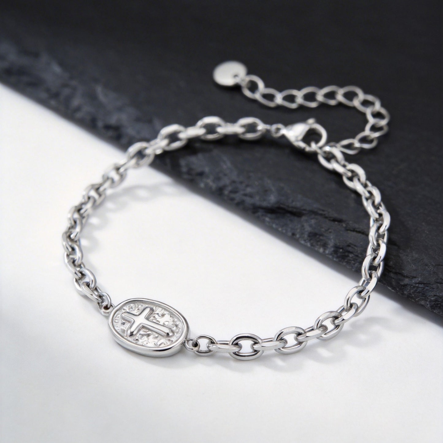 Kemstone Stainless Steel Cross Chain Bracelet for Men – Oval Plate Minimal Style Silver BR-2881