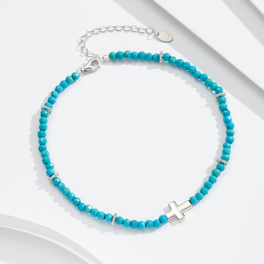 Kemstone 925 Sterling Silver Turquoise Anklet for Women Cross Charm Beaded Chain SA86