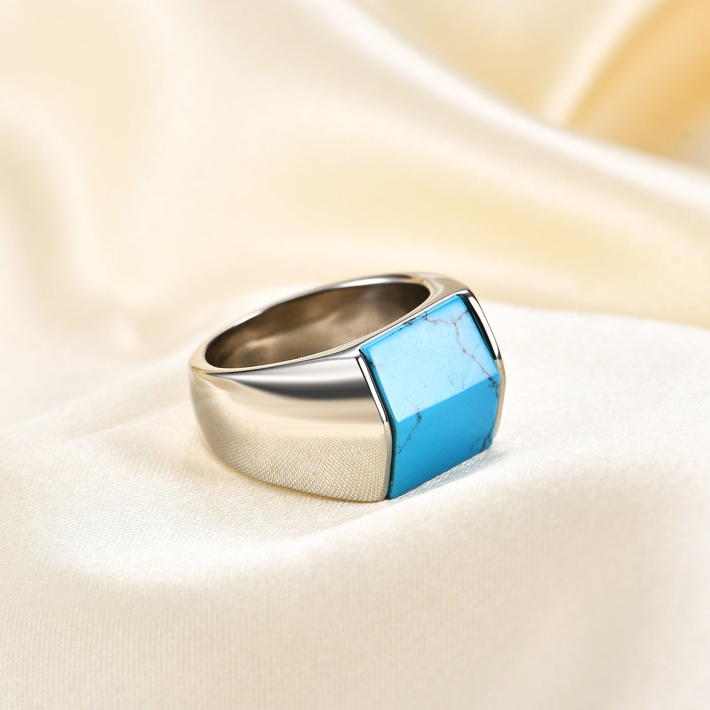 Kemstone Stainless Steel Turquoise Signet Ring for Men Vintage Square Stone CG1514