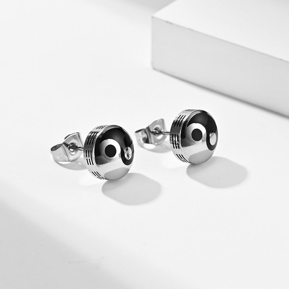 Kemstone Titanium Steel Black White Stud Earrings for Men Minimal Round K-E039
