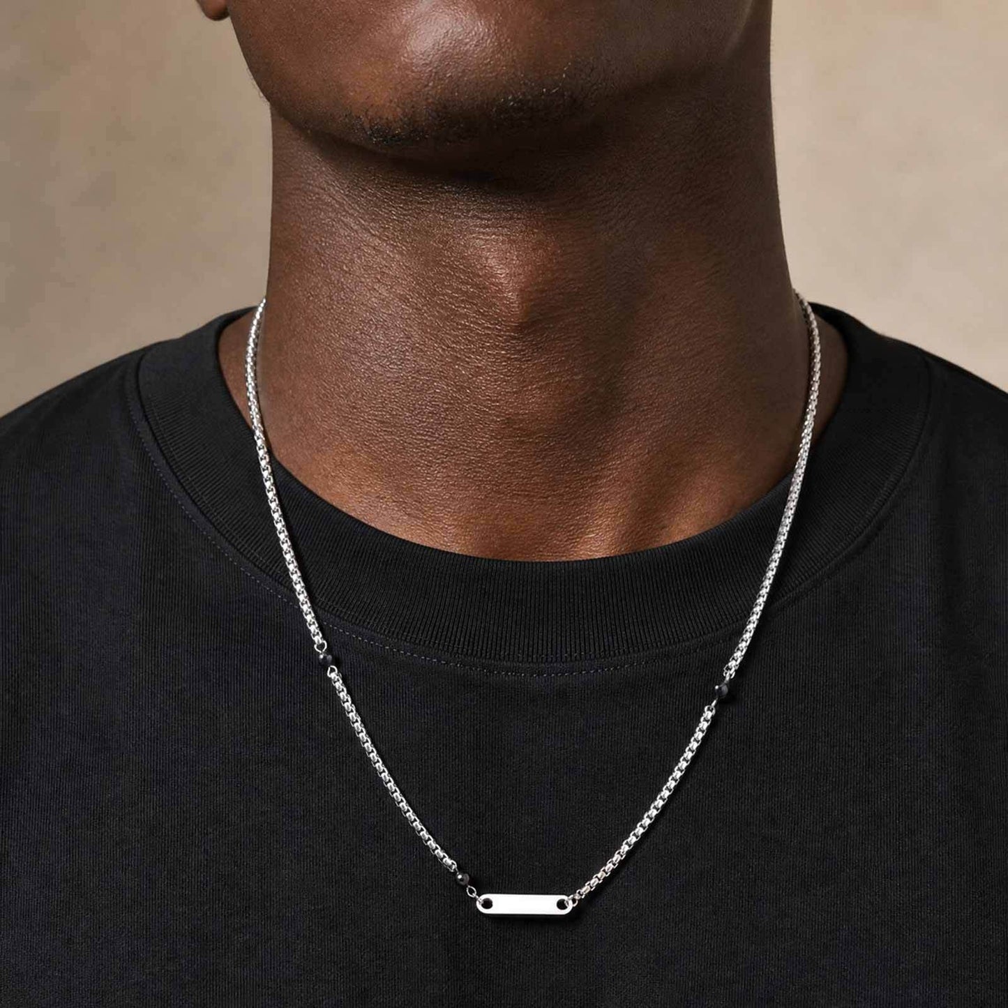 Kemston Stainless Steel Bar Pendant Necklace for Men Black Onyx Bead Vintage Style NC-2894