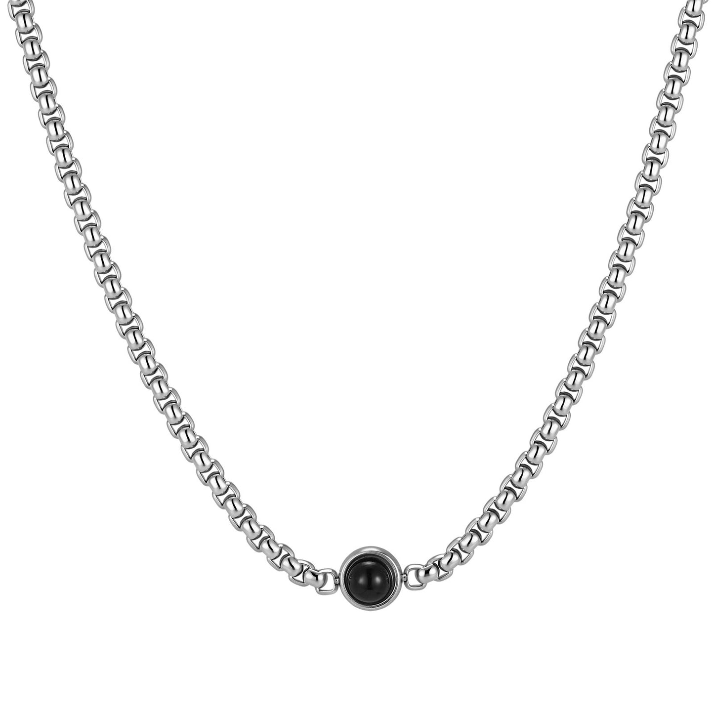 Kemston Stainless Steel Black Stone Beaded Necklace for Men Vintage Style NC-2944S