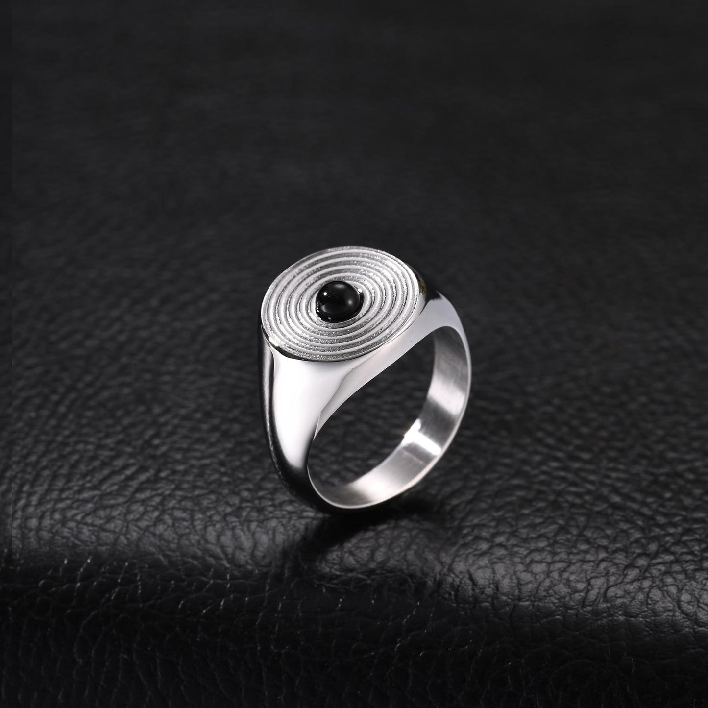 Kemstone Stainless Steel Black Stone Signet Ring for Men Concentric Pattern Vintage RC1108