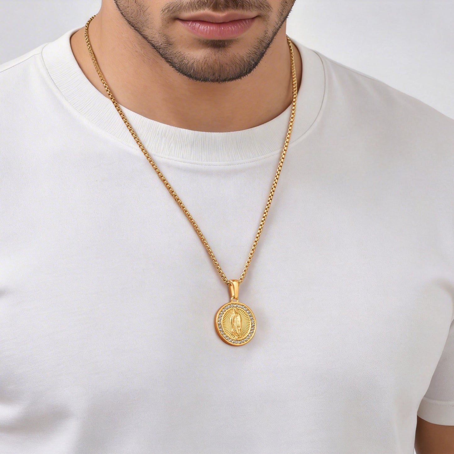 Kemstone Round Coin Pendant Necklace Gold Plated Stainless Steel Cubic Zirconia Medallion for Men Women PN-2339
