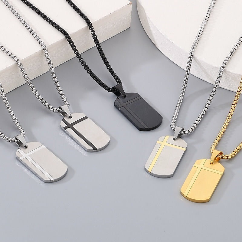 Kemstone Bar Pendant Necklace Stainless Steel Minimalist Cross Crack Texture Men KP130991-HR