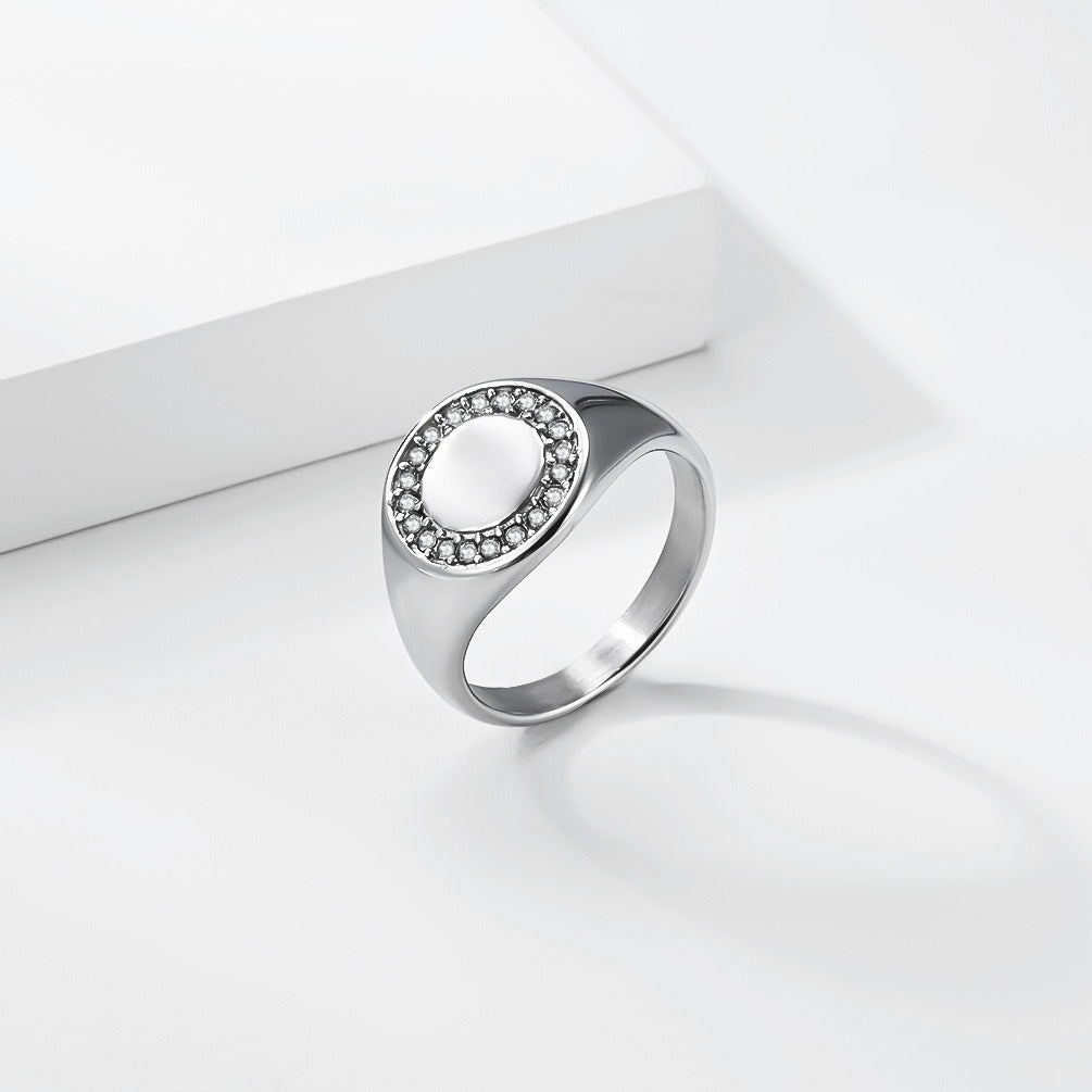 Kemstone Stainless Steel Round Signet Ring with Cubic Zirconia Halo for Men & Women Gold Silver K-R1137