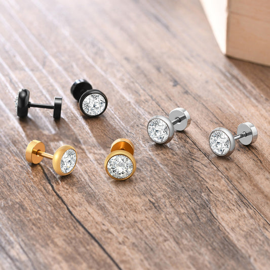 Kemstone Men’s CZ Stud Earrings – Stainless Steel Minimalist Jewelry, Silver/Gold/Black ES-332