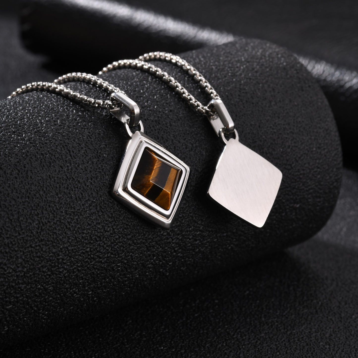 Kemston Tiger Eye Square Pendant Necklace for Men Stainless Steel Geometric Stone Design PN-2436