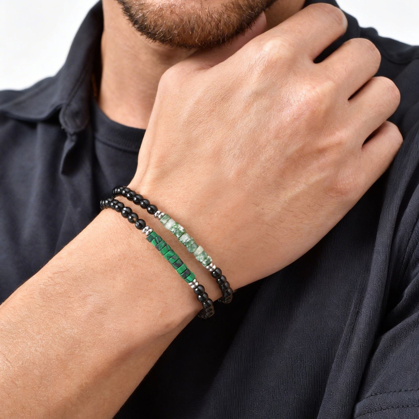 Kemstone Stone Beaded Bracelet Green Bead Adjustable Chain for Men Women BR-2925