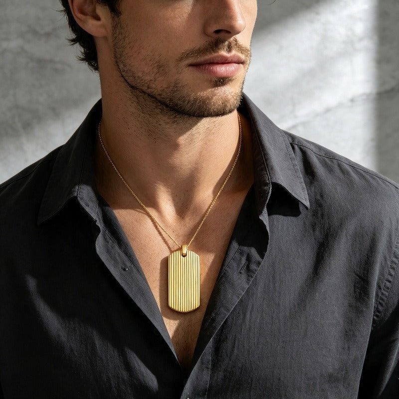 Kemston Stainless Steel Textured Tag Pendant Necklace for Men Minimalist KP118338-KJX