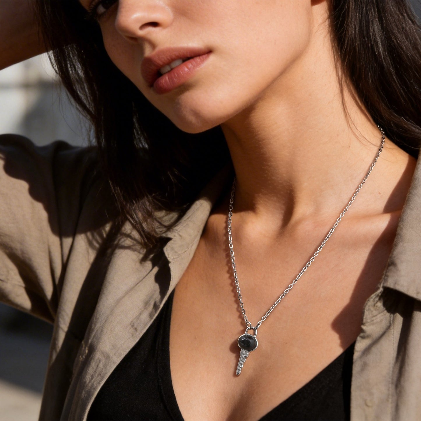 Kemstone Stainless Steel Key Pendant Necklace Black Onyx Minimalist Chain for Men & Women NC-2705