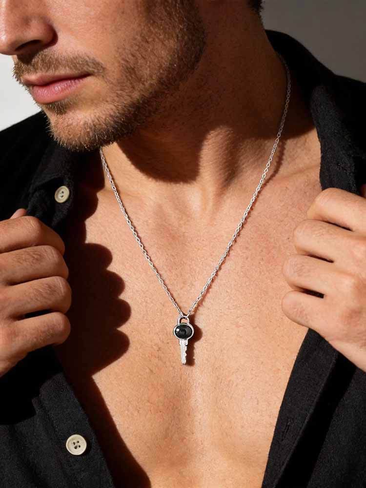 Kemstone Stainless Steel Key Pendant Necklace Black Onyx Minimalist Chain for Men & Women NC-2705
