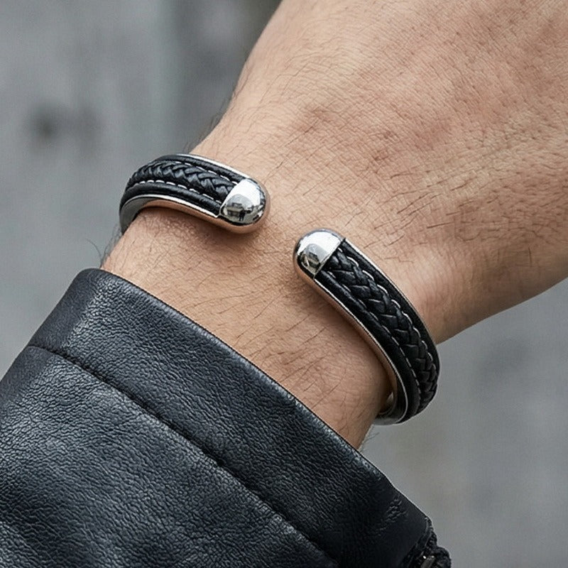 Kemstone Stainless Steel Braided Leather Open Cuff Bracelet for Men Minimalist Casual Wrist Bangle KB97554-BD