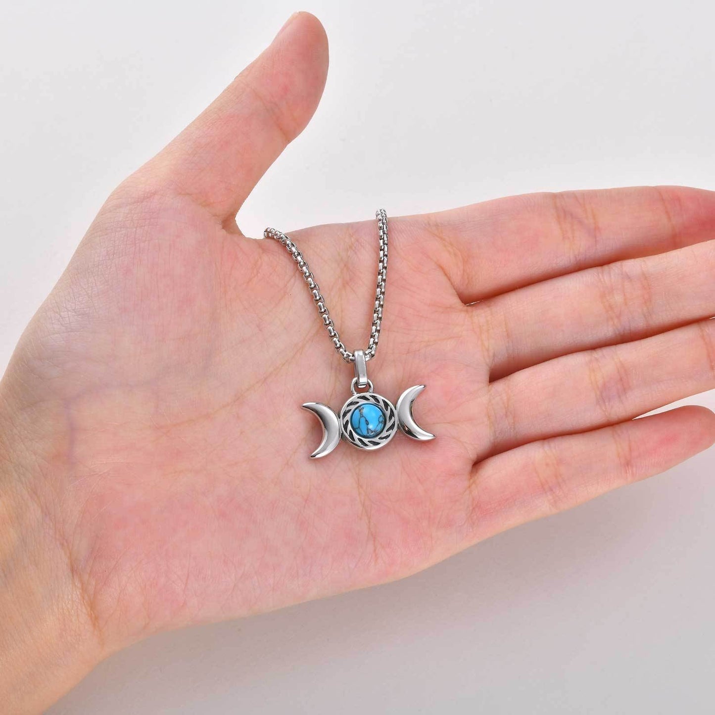 Kemston Stainless Steel Moon Pendant Necklace for Men Double Crescent Blue Stone Detail PN-2360