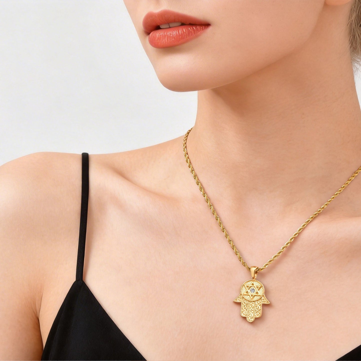 Kemstone Hand Pendant Necklace Gold Plated Stainless Steel Star Symbol Cubic Zirconia for Men Women PN-2337