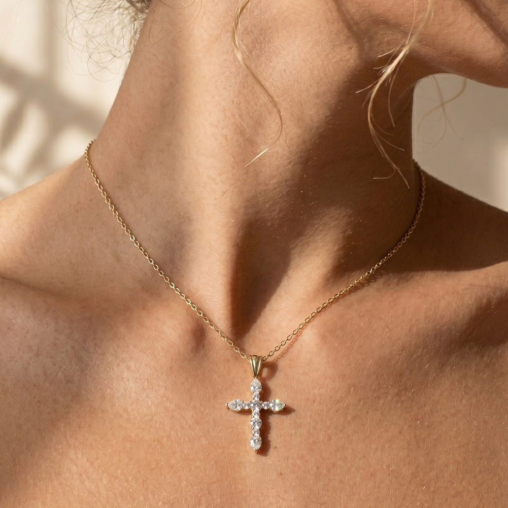 Kemston Moissanite Cross Pendant Necklace for Women 925 Sterling Silver Minimal Design SMON16