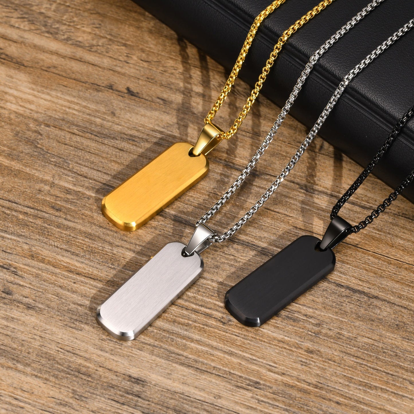 Kemstone Tag Pendant Necklace Beveled Edge Stainless Steel Rectangle Plate for Men PN-1896