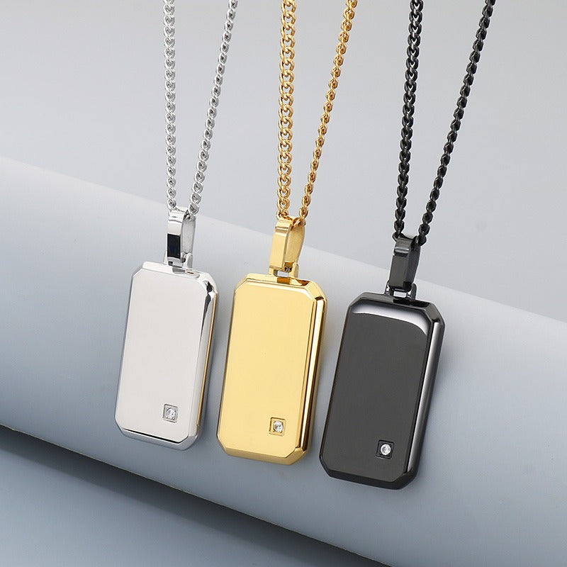 Kemstone Titanium Steel Tag Pendant Necklace for Men Minimalist Rectangular Cubic Zirconia KN301519-KFC