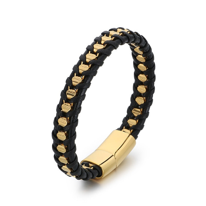 Kemstone Titanium Steel Braided Leather Strap Bracelet for Men Hip Hop Streetwear KB179967-YA