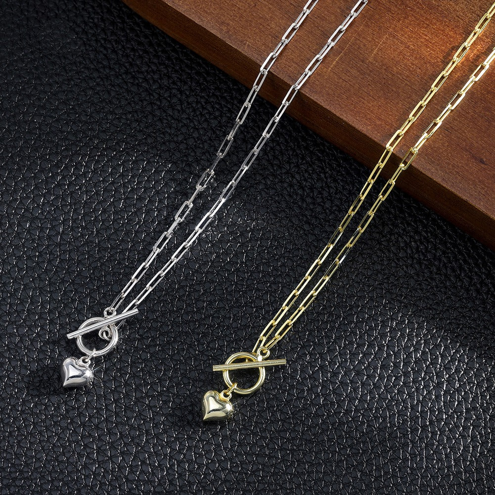 Kemstone Toggle Clasp Necklace for Women 925 Sterling Silver Chain with Heart Charm Gold Silver SC97