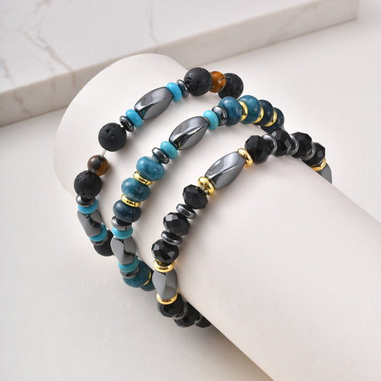Kemstone Mixed Black Beaded Bracelet for Men Stainless Steel Spacer Stretch Chain BR-3143