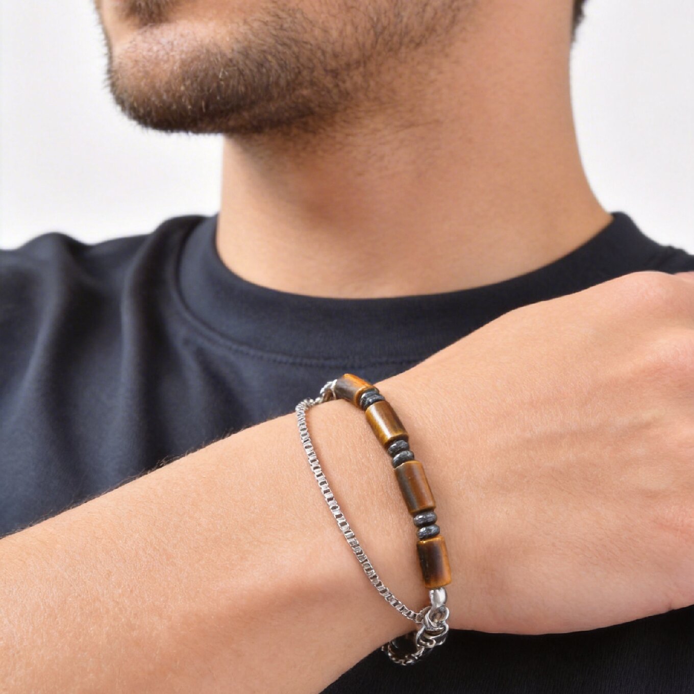 Kemstone Tiger Eye Beaded Bracelet for Men Stainless Steel Layered Chain BR-2922