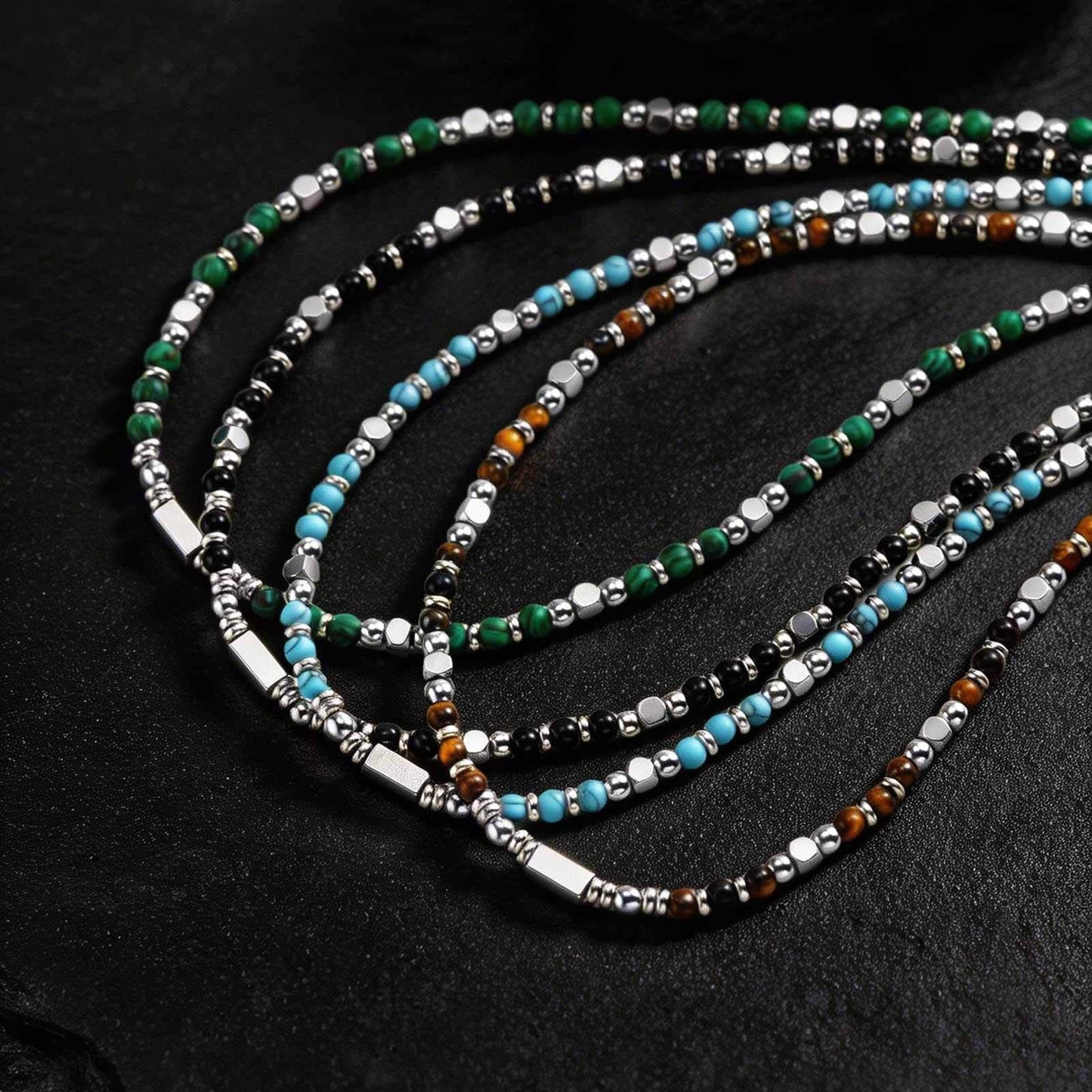 Kemstone Beaded Necklace Stainless Steel Bar Mixed Stone Malachite Turquoise for Men NC-2811