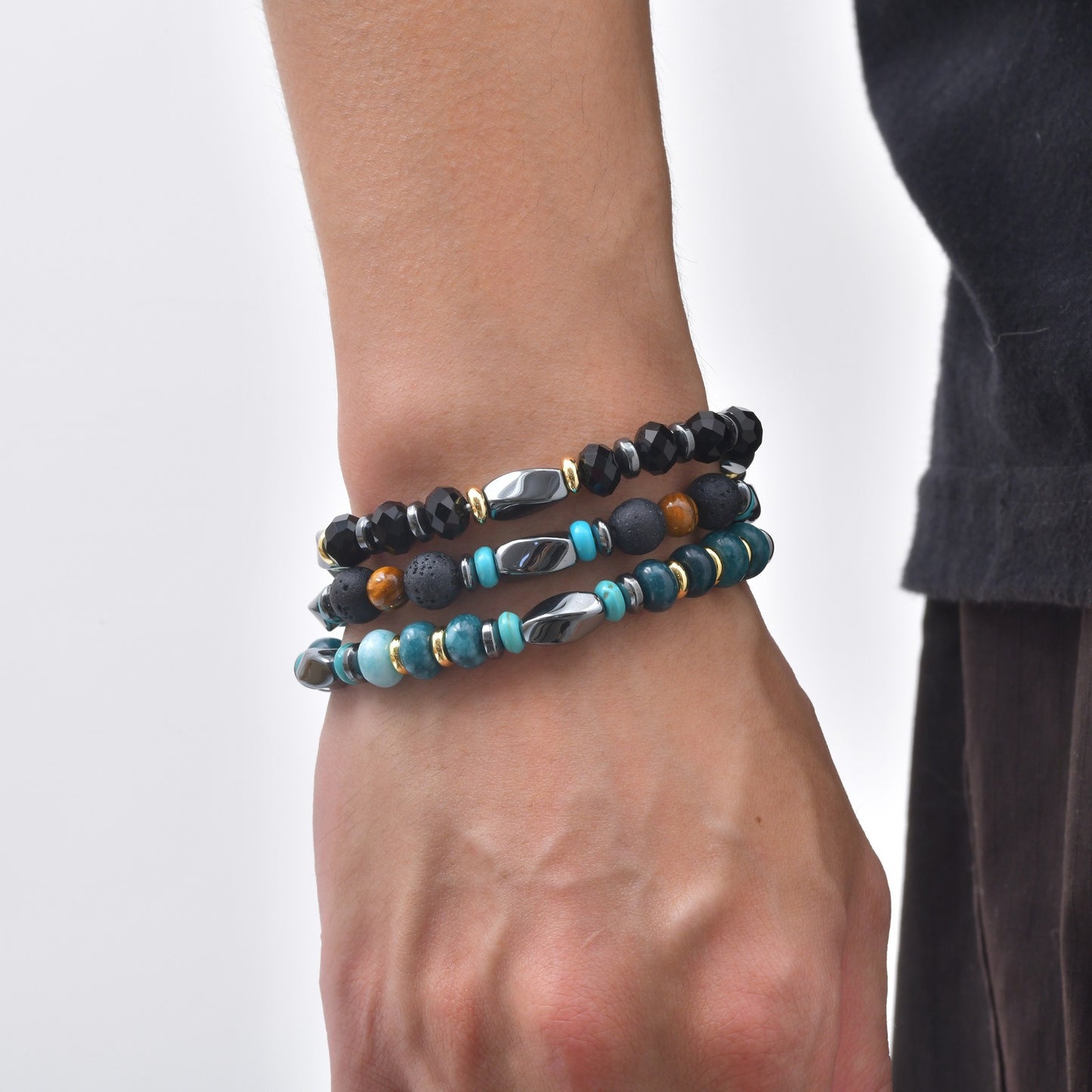 Kemstone Mixed Black Beaded Bracelet for Men Stainless Steel Spacer Stretch Chain BR-3143