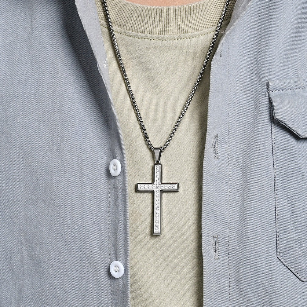 Kemstone Titanium Steel Cross Necklace for Men Women – Minimalist CZ Pendant, Modern Jewelry K-PT668