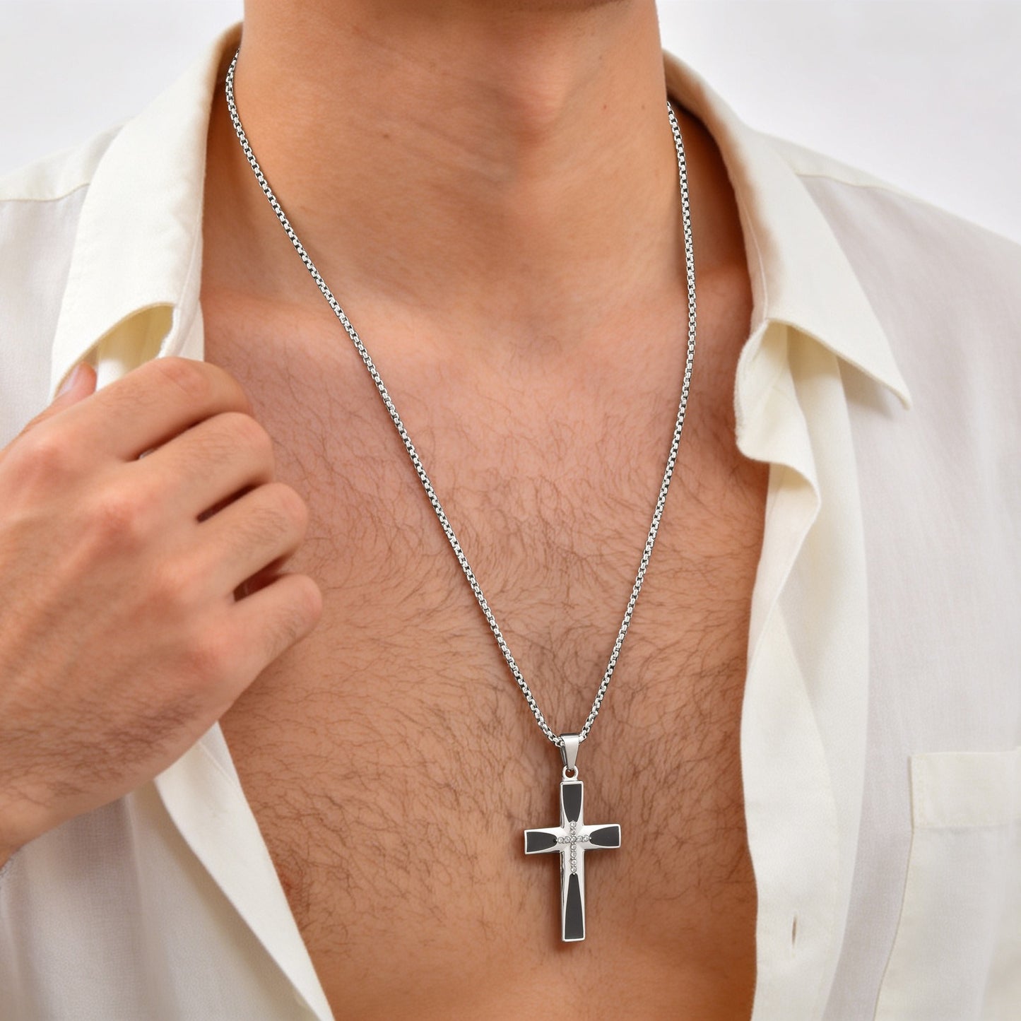Kemstone Stainless Steel Black Cross Pendant Necklace with Cubic Zirconia for Men PN-2321