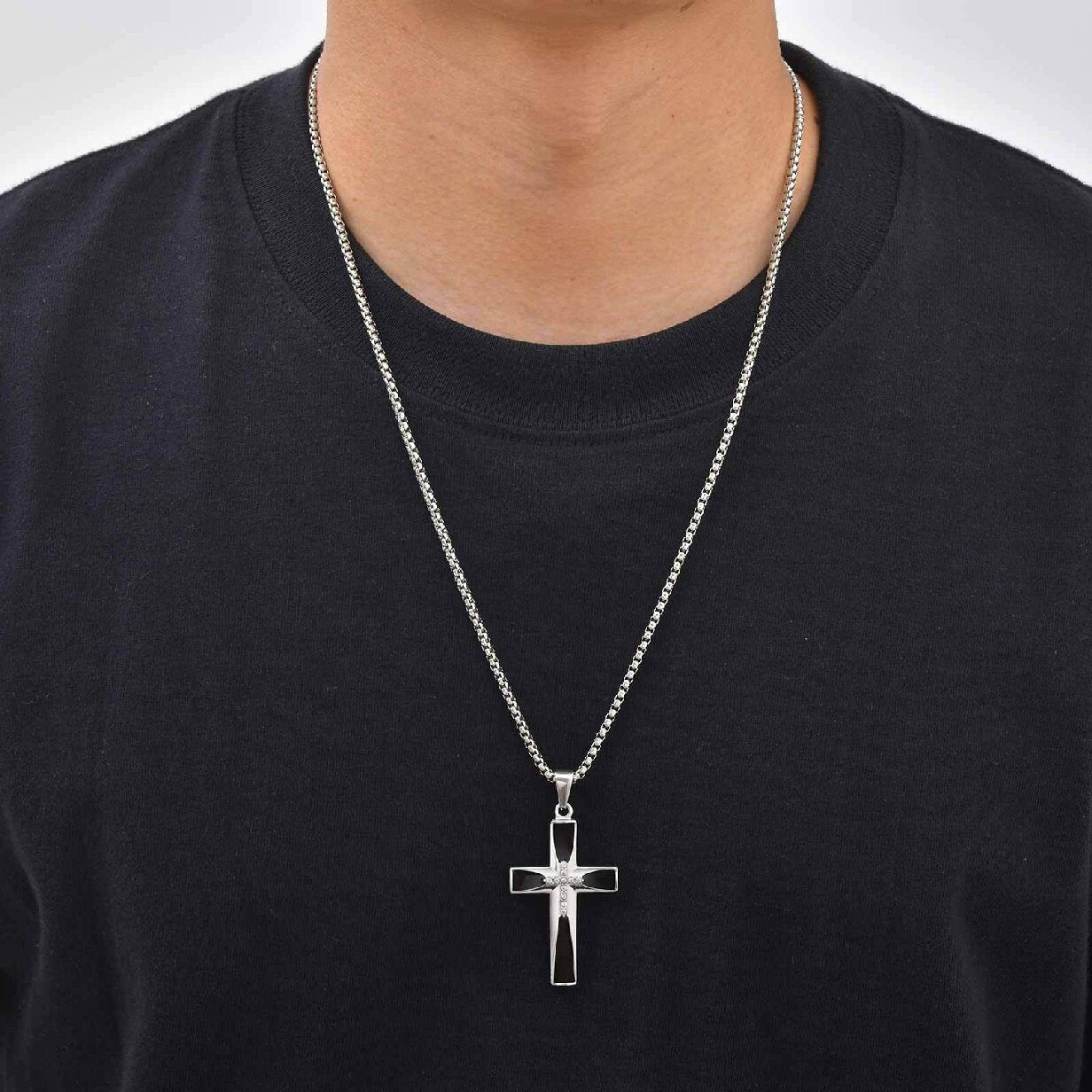 Kemstone Stainless Steel Black Cross Pendant Necklace with Cubic Zirconia for Men PN-2321