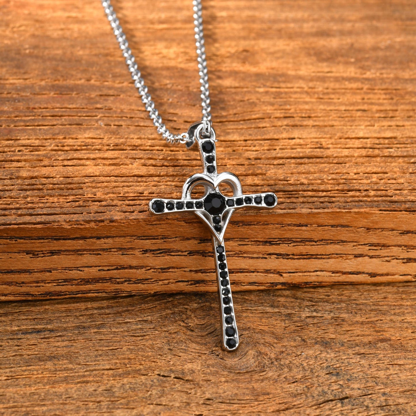 Kemstone Cross Pendant Necklace for Men Stainless Steel Black Cubic Zirconia Heart Curve Chain PN-2268S