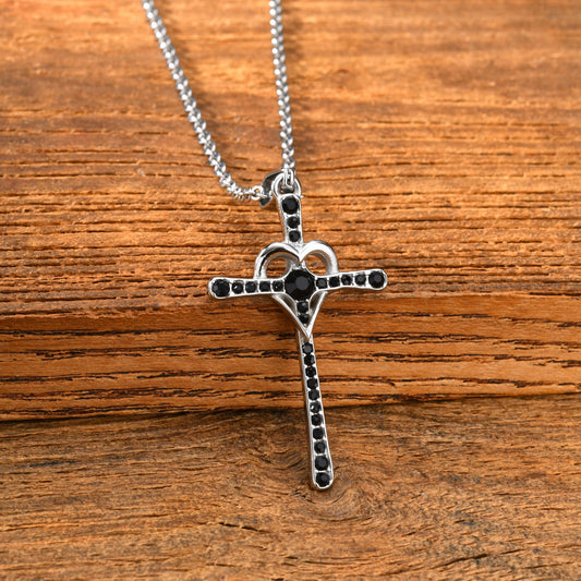 Kemstone Cross Pendant Necklace for Men Stainless Steel Black Cubic Zirconia Heart Curve Chain PN-2268S