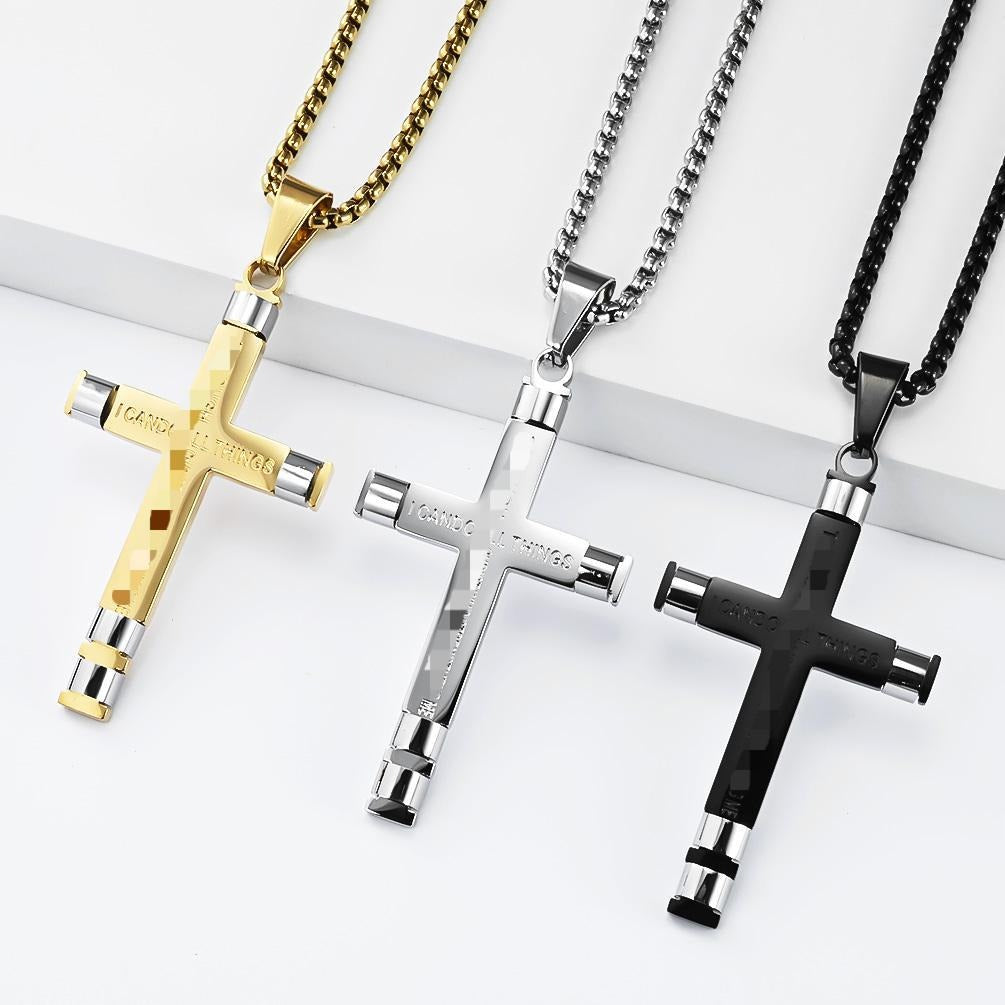 Kemstone Stainless Steel Modern Cross Pendant Necklace for Men Box Chain Structured Design K-PT720