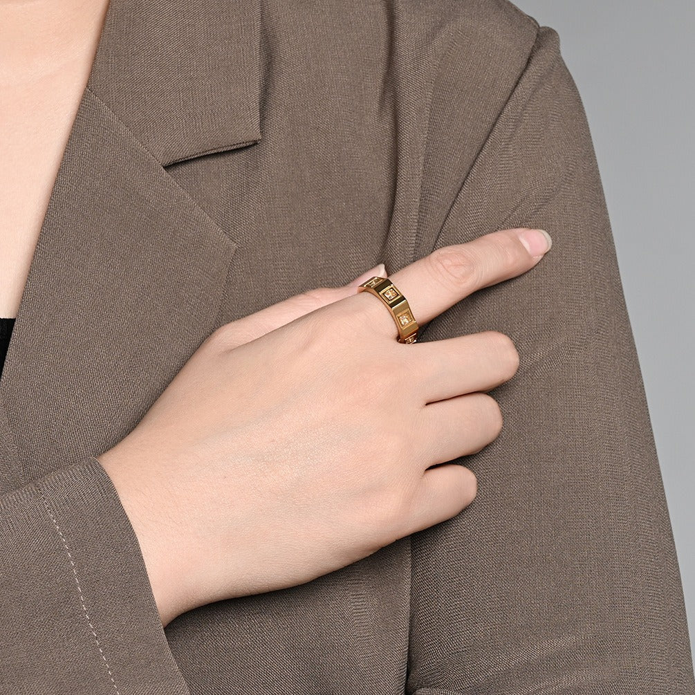 Kemstone Octagonal Cubic Zirconia Geometric Stainless Steel Ring for Men & Women K-R1129