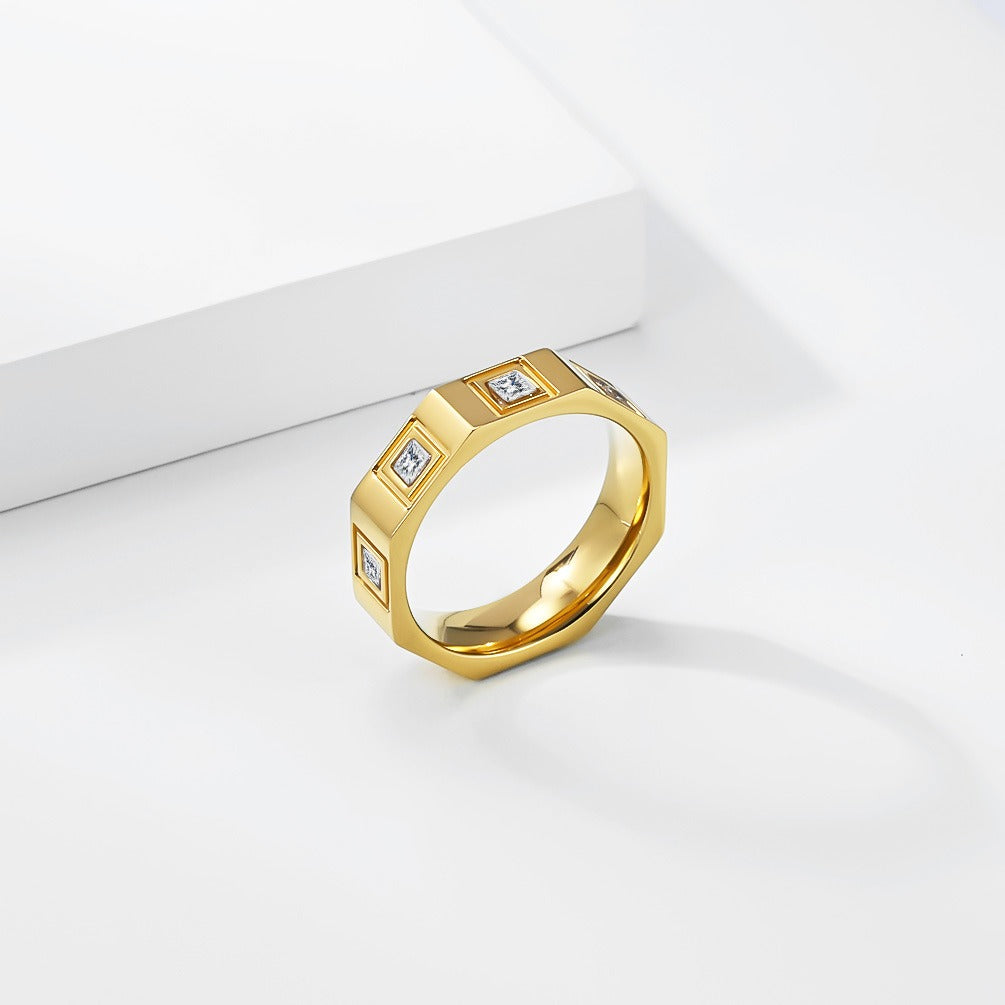 Kemstone Octagonal Cubic Zirconia Geometric Stainless Steel Ring for Men & Women K-R1129