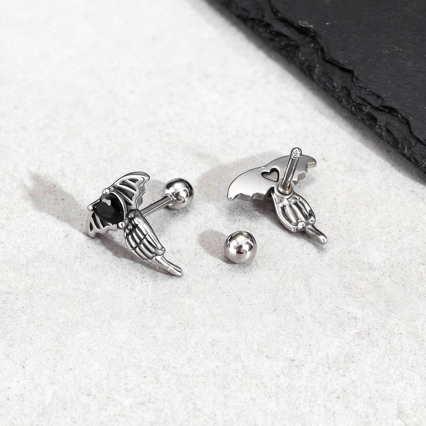 Kemstone Stainless Steel Black Cubic Zirconia Heart Wing Stud Earring for Men ES-769